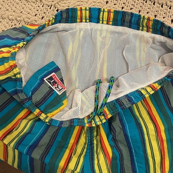 R & Y SPORT men’s Lg swim trunks, circus, stripes, teals, yellow, red , & brown - Picture 7 of 8
